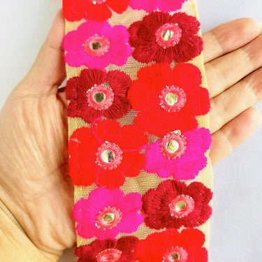 Beige Net Lace Trim In Maroon, Red, Fuchsia Pink And Pink Floral Embroidery And Mirror Embellishments